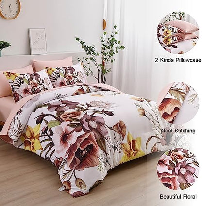 Luxudecor Floral Comforter Set Queen Size 7 Piece, Blush Flower Bed in a Bag, Elegant Floral Comforter with Sheet Set, Soft Microfiber Bedding Set for All Season (Blush, 90"x90")