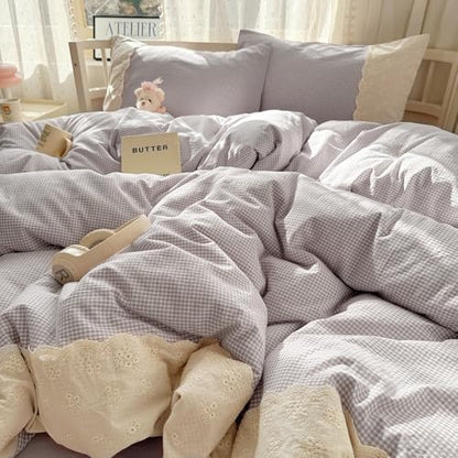 LifeTB Purple Gingham Comforter Set Twin XL Fluffy Soft Princess Style Girls Lace Bedding Set Cottagecore Cute Plaid Checkered Comforter with 2 Pillowcases Chic Gingham Bedding Grid Comforter Set