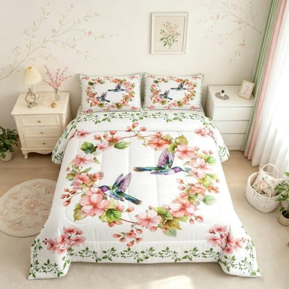 Homewish Spring Hummingbird Comforter Set King Size,Cherry Blossom Bedding 3pcs, Green Leaves Botanical Quilted Duvet Nature Animals Insert,2 Pillowcases (TYTS6656ZMD-BZ_USk)