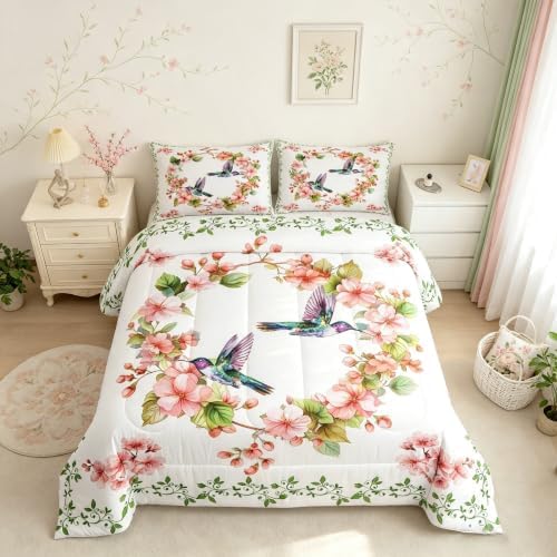 Homewish Spring Hummingbird Comforter Set Full Size,Cherry Blossom Floral Bedding 3pcs for Kids Girls Women Room Decor,Green Leaves Botanical Quilted Duvet Nature Animals Insert,2 Pillowcases