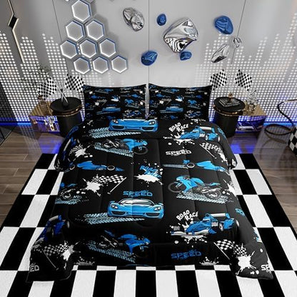 Erosebridal Kids Race Car Comforter Set Blue Black Racing Car Bedding Set Toddler Size,Speed Sports Car Comforter Extreme Sports Duvet Insert for Boys Teens Cool Dirt Bike Motocross Quilt Bed Set