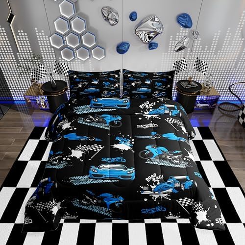 Erosebridal Kids Race Car Comforter Set Blue Black Racing Car Bedding Set Full Size,Speed Sports Car Comforter Extreme Sports Duvet Insert for Boys Teens Cool Dirt Bike Motocross Quilt Bed Set