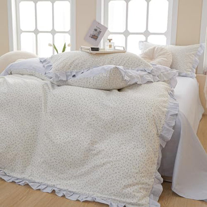 LifeTB Twin XL Comforter Set Blue Floral Bedding Comforter Fluffy Soft Microfiber Cottagecore Bedding Set Floral Ruffle Comforter with 2 Pillowcases Cute Flower Botanical Comforter Set for Teen Girls