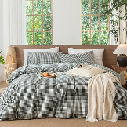 MooMee Gingham Duvet Cover Set 100% Washed Cotton Linen Like