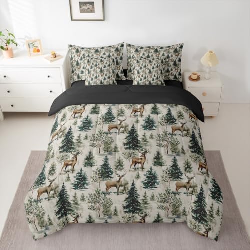 Erosebridal 7 Piece Rustic Deer Twin Comforter Set with Sheets Country Wild Animals Bed in A Bag Forest Pine Tree Wildlife Bedding Sets for Women Men Vintage Woodland Plants Leaves Bed Set