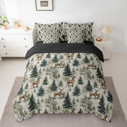 Erosebridal 7 Piece Rustic Deer Twin Comforter Set with Sheets Country Wild Animals Bed in A Bag Forest Pine Tree Wildlife Bedding Sets for Women Men Vintage Woodland Plants Leaves Bed Set