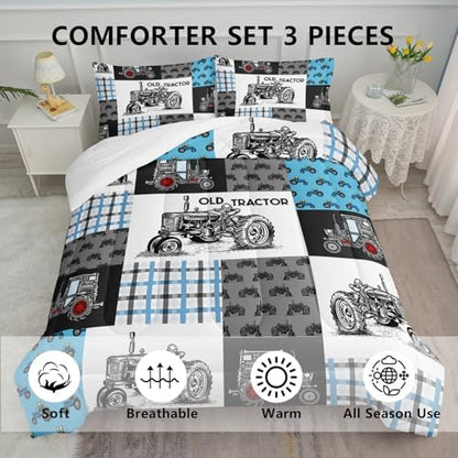 Axolotl Tractor Comforter Set King Size,Cartoon Truck Car Comforter Set for Boys,Farm Excavator Bedding with Old Tractor for Kids Boys Teens Adults,All Season,1 Quilt 2 Pillowcases
