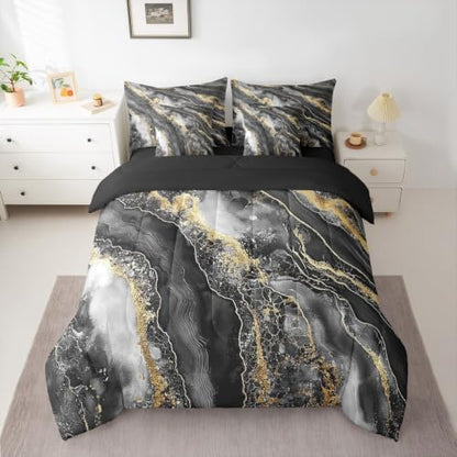 Erosebridal Black Marble Comforter Set King Size,Gradient Artwork Bedding Set for Kids Teens,Black Golden Tie Dye (Comforter+Fitted+Flat Sheet+2 Pillowcases+2 Throw Pillow Covers) 7 Pieces Bed Set