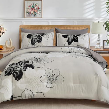 Black White King Size Comforter Set, 7 Pieces Light Grey Floral Bedding Set