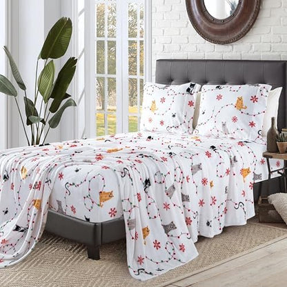 Elegant Comfort Luxuriously Soft 4-Piece Holiday Velvet Plush Flannel Sheet Set - Premium Quality - Cozy Warm, Christmas Fuzzy Velvet Flannel Fleece Deep Pocket Sheet Set - Twin, Jingle Cats