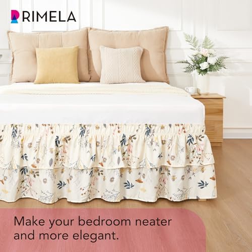 RIMELA Ruffle Bed Skirt Balloon Flower Floral Queen 15 Inch Drop, Elastic Wrap Around Bed Skirting Queen Size, Easy to Install Dust Ruffle, Machine Washable Soft Fabric, Multi Ruffle Bedskirt