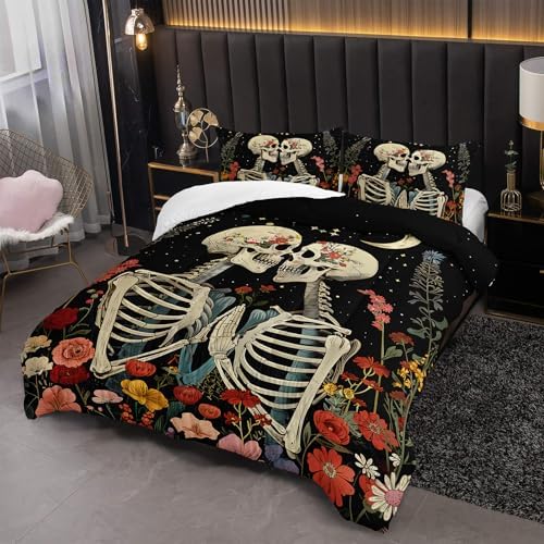 Black Gothic Skull Flower Twin Comforter Set，Quilt Twin Size Bedding Set Gothic，with 1 Comforter with 2 Pillow Case，Skull Room Decor for Bedroom