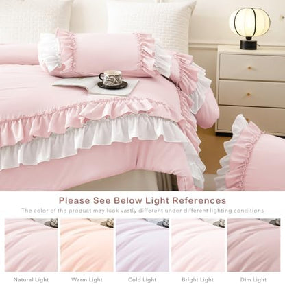 Masaca Pink Comforter Set Queen,Farmhouse Shabby Boho Chic Bedding White Ruffle Comforter Vintage Rustic French Country Bedding Set 3PCS (1 Ruffled Comforter and 2 Pillowcases)
