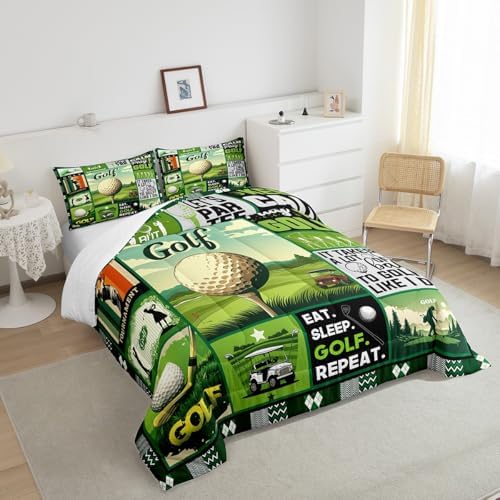 Manfei Golf Comforter Set King Size, Fashion Sports Theme Quilt Set with 2 Pillowcases, Green Lattice Patchwork Bedding Set 3pcs for Kids Boys Teens Bedroom Decor Ball Gaming Duvet Insert