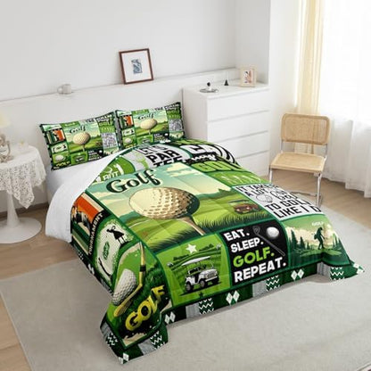Manfei Golf Comforter Set King Size, Fashion Sports Theme Quilt Set with 2 Pillowcases, Green Lattice Patchwork Bedding Set 3pcs for Kids Boys Teens Bedroom Decor Ball Gaming Duvet Insert