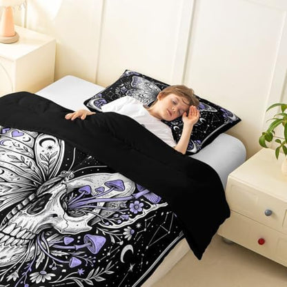 Butterfly Skull Kids Comforter Set Twin,Purple Mushroom Gothic Skeleton Bedding Set for Teens Adults Bedroom Decor,Galaxy Botanical Duvet Insert,Retro Hippie Quilted Duvet Set with 1 Pillowcase