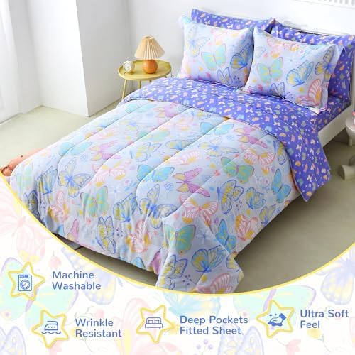 Viviland Kids Twin Bedding Sets, Girls Comforter, Colorful Butterfly