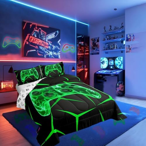 Castle Fairy Game Controller Comforter Set Toddler Size 2 Pcs,Black Green Games Bedding Set,Geometric Honeycomb Gaming Quilt Set for Child Bedroom,Duvet Insert,1 Pillowcase