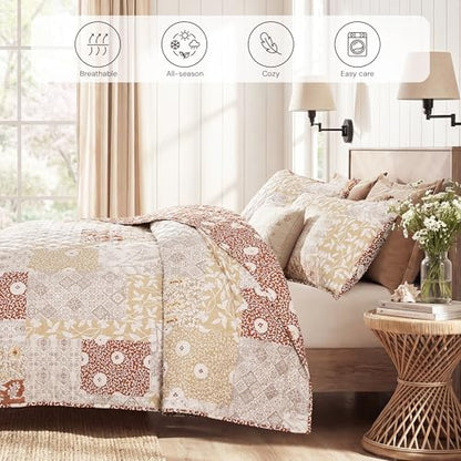 Queen Quilt Set-3 Pieces Soft Bedding Lightweight Floral Patchwork Coverlet