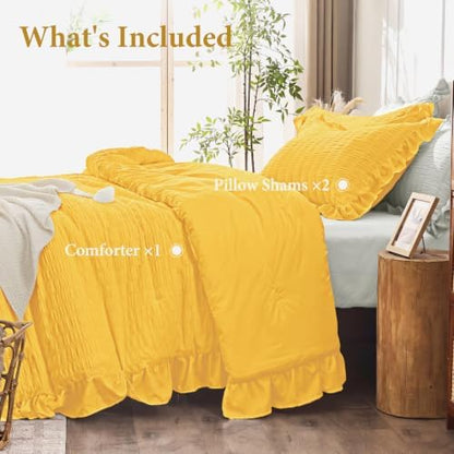 JOLLYVOGUE Pumpkin Yellow Queen Comforter Set,3pcs Seersucker Bed Set