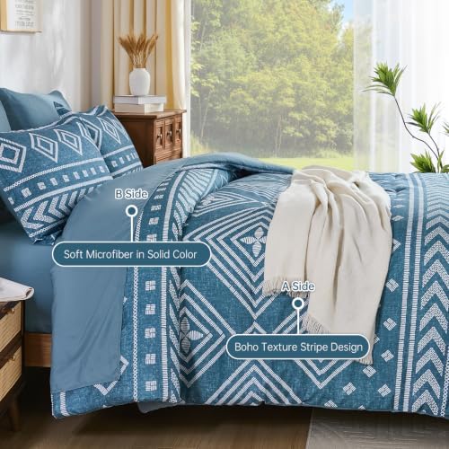 Yiran Boho Comforter Set Queen Size, 7 Pieces Aztec Blue Bed in a Bag