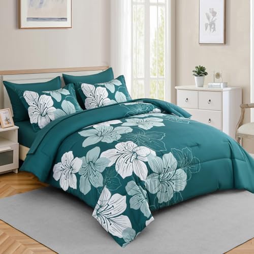 Luxudecor Teal Comforter Set Queen, 7 Pieces Floral Bed in a Bag