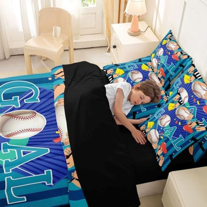 Erosebridal Boys Baseball Gaming Pattern Navy Blue Boys Kids Comforter Set Queen Size 7 Pieces | Playground Bed in A Bag Ball Games Sports Theme Bed Set Stripes Geometric Bedding