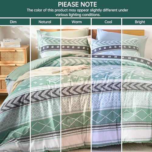 Yiran Comforter Set Queen Size, 7 Pieces Boho Aztec Bed in a Bag, Green Southwestern Bedding Sets for All Seasons, Lightweight Comforter Bed Set with Sheets, Pillowcases & Shams