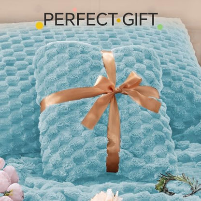 BEDELITE Fluffy Queen Comforter Set, Dusty Blue Fleece Bed Set 3 Pieces