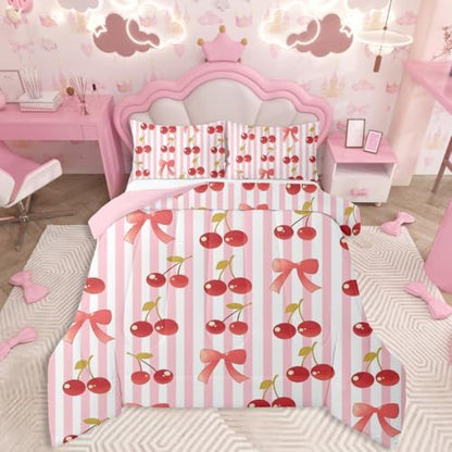 jejeloiu Pink Bow Kids Comforter Set King Size Colourful Bowknot Bedding Set Fruit Duvet Quilt for Kids Boys Girls Bedroom Cherry Decor Microfiber Ultra Soft Breathable