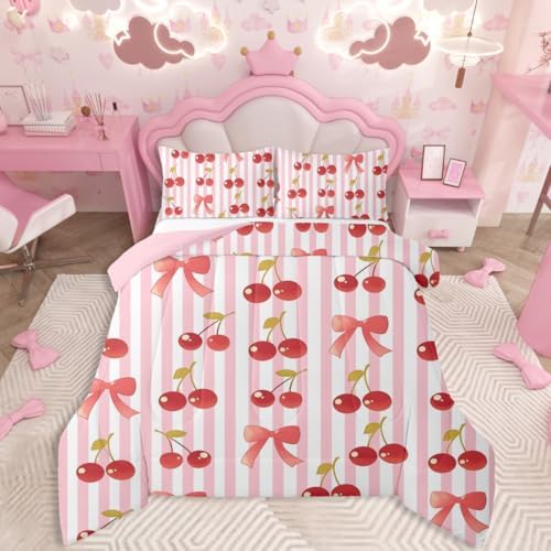 jejeloiu Pink Bow Kids Comforter Set Toddler Size Colourful Bowknot Bedding Set Fruit Duvet Quilt for Kids Boys Girls Bedroom Cherry Decor Microfiber Ultra Soft Breathable