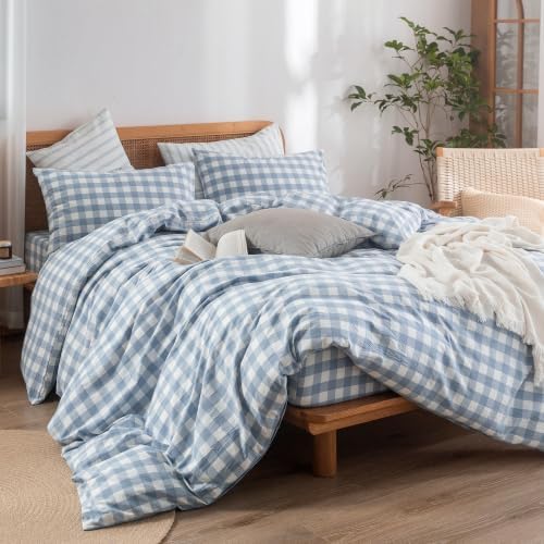 BESTOUCH Gingham Cotton Duvet Cover Set Cornflower Blue California King