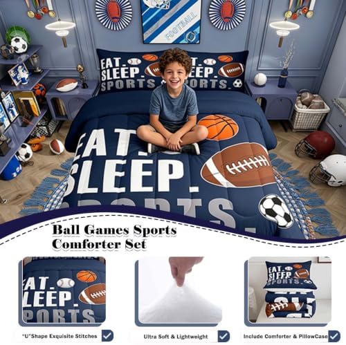 Feelyou Football Comforter Set Twin Size Kids Basketball Baseball Soccer Comforter for Boys Girls Sports Theme Bedding Set Breathable Soft Navy Blue Duvet Quilted Ball Game Room Decor