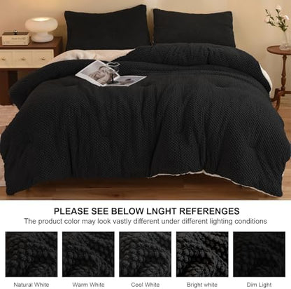 LLanCL 3D Jacquard Design Comforter Set, Ultra-Soft Warm Twin Size Sherpa Fur Plush 2-Pieces Sets Luxury Cozy Bedding with 1 Pillowcase (68"x90", Black)