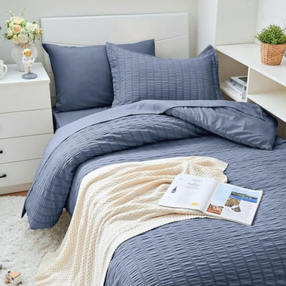 HYMOKEGE Nordic Blue Twin Comforter Set Seersucker 5 Pieces, All Season Luxury Bed in a Bag for Bedroom, Bedding Set with Comforter, Sheets, Pillowcase & Sham
