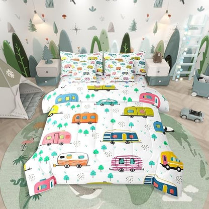Erosebridal Cartoon RV Comforter Set King Size,Happy Camping Bedding Set for Kids Teens,Kids Doodle Trees (Comforter+Fitted+Flat Sheet+2 Pillowcases+2 Throw Pillow Covers) 7 Pieces Bed Set