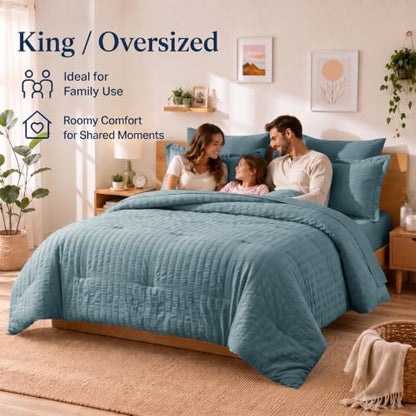 CozyLux Oversized Queen Seersucker Comforter Set, Mineral Blue, 98 x 98 in