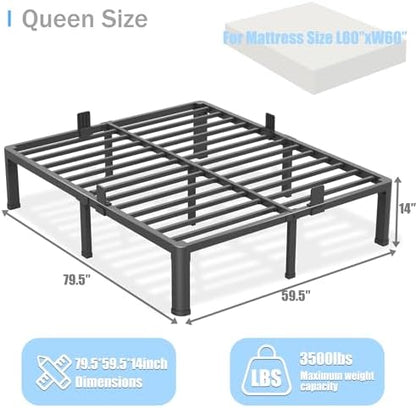 Yitong Angel 14 inch Queen Bed Frame with Round Corner Legs Mattress Slide Stopper,3500 lbs Heavy Duty Metal Platform,Steel Slats Support,No Box Spring Needed,Easy Assembly,Noise Free