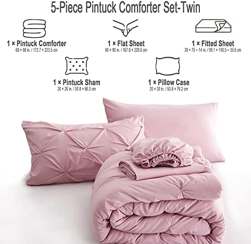 Ubauba 5pc Twin Size Comforter Set with Sheets, Pink Pintuck 5 Piece Bed in a Bag with Comforter, All Season Pinched Bedding Comforters & Sets (Pink,Twin)
