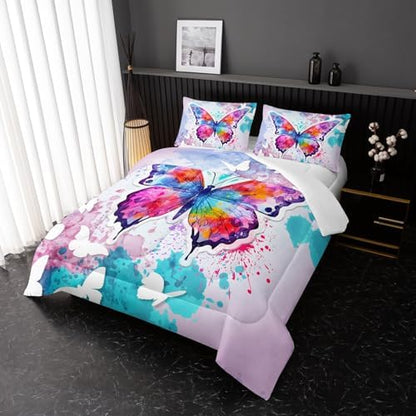 King Comforter Set for Girls Teens, Purple Blue Butterfly Comforter Set 3-Pieces Bed in a Bag，3D Colorful Butterfly King Bedding Set,Butterflies Quilt Set 3 Pcs 1 Comforter and 2 Pillowcases