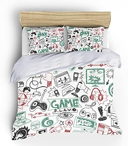Game Comforter Sets for Boys Teen Twin Size,Kids Video Games Bedding Set Sketch Style Athletic Racing Game Design Bedroom Home Decor
