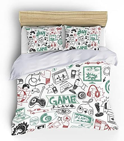 Game Comforter Sets for Boys Teen Twin Size,Kids Video Games Bedding Set Sketch Style Athletic Racing Game Design Bedroom Home Decor