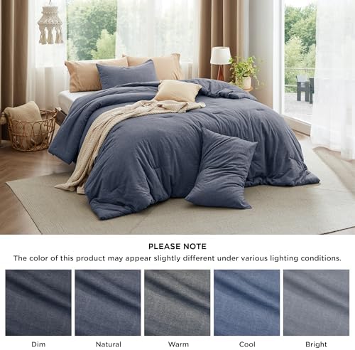 Bedsure PureWoven Cotton Comforter Set Prewashed, Full, Denim Blue