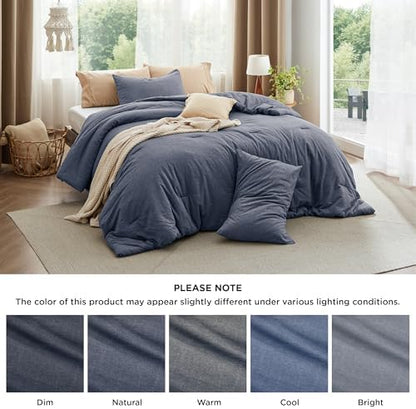 Bedsure PureWoven Cotton Comforter Set Prewashed, King, Denim Blue