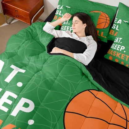 Erosebridal Orange Green Boys Basketball Comforter Set Queen Size 7 Pieces | Sports Gaming Bed in A Bag Ball Teens Men Bed Set Kids Children Bedding