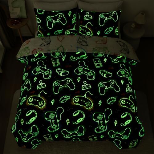Holawakaka Kids Glow in The Dark Gamer Queen Size Bedding Set 5 Pieces
