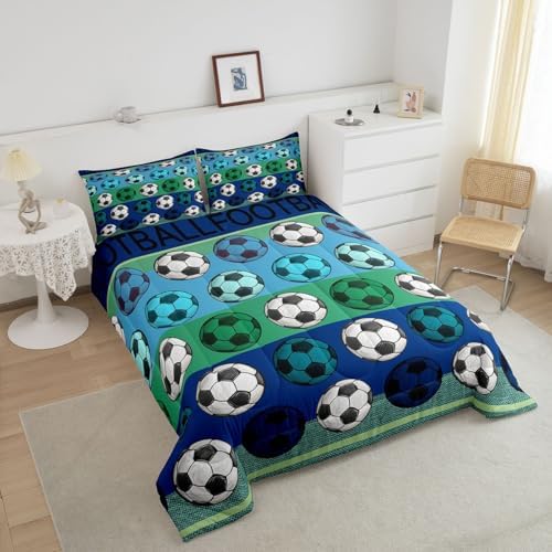 Homewish Soccer Pattern King Size Comforter Set,Kids Blue Gray Stripe Decor All Season Bedding Set,Teens Soccer Sports Comforter,Sport Gaming Decor Quilt Set Bedroom Collection 3Pcs