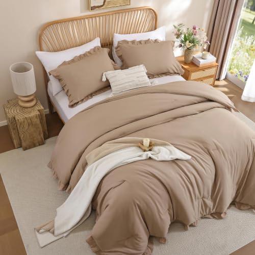 JANZAA Taupe Comforter Set Oversized King, Ruffle Soft Bedding
