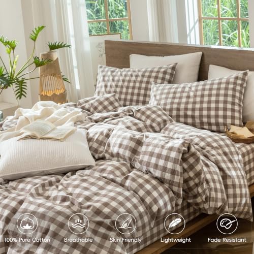 MooMee Gingham Duvet Cover Set 100% Washed Cotton Linen Like