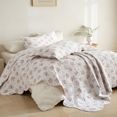 Lady Ann Cotton Floral Quilt Set, Vintage Oversized King Bedspread 120x120 for Extra Large Bed, Blush Pink Rose Pattern Printed Quilted Coverlet with Scalloped Edge, 3 Pcs Bedding Set